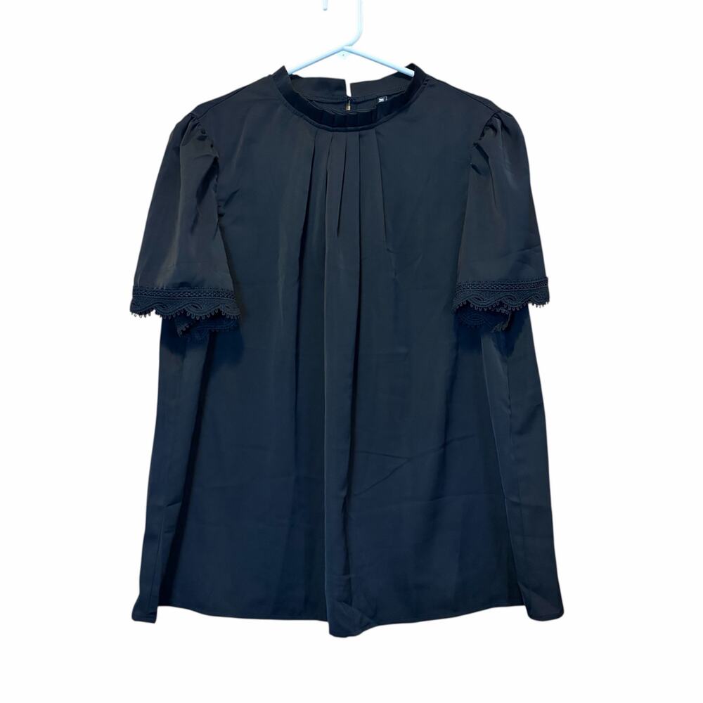 BTFBM Romantic Black Blouse with Ruffled High Neck & Lace Sleeve Size XXL NWT